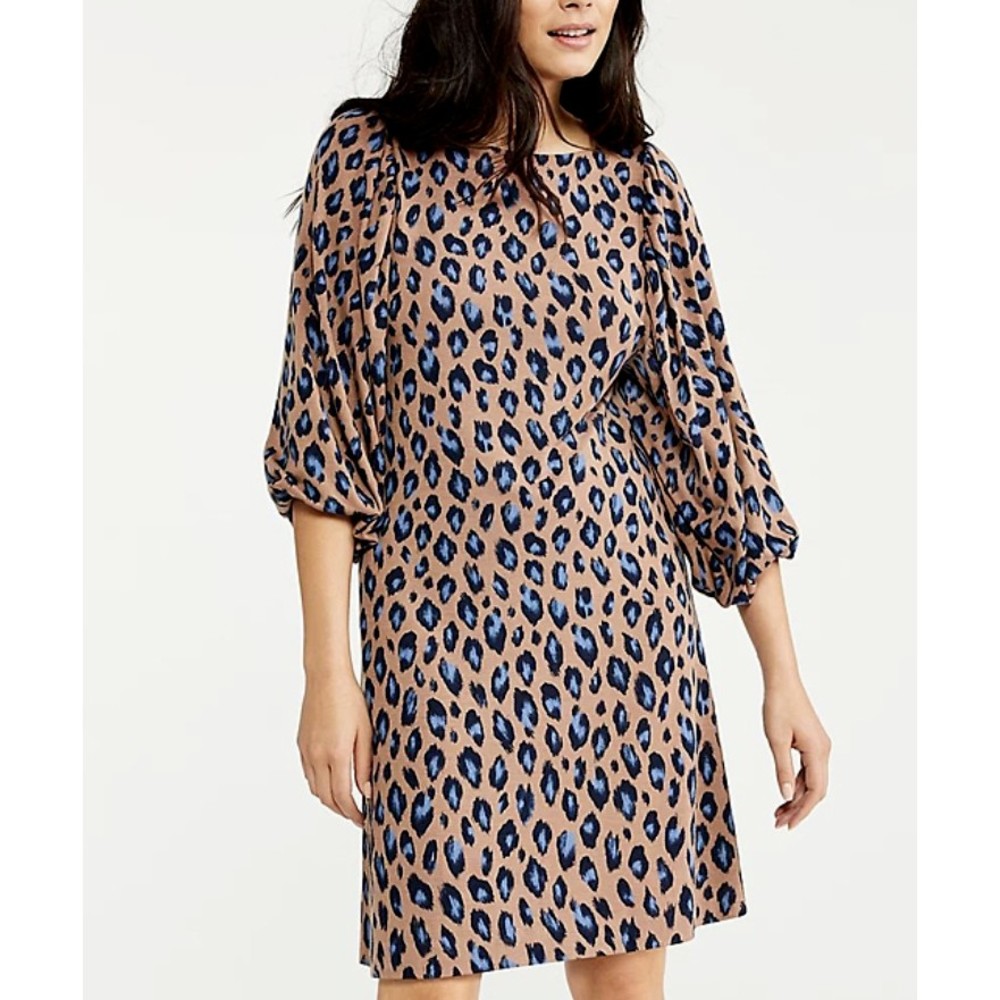 Ann Taylor Leopard Print Shift Knit Dress Sz S Tan 3/4 Shirred Puff Sleeve